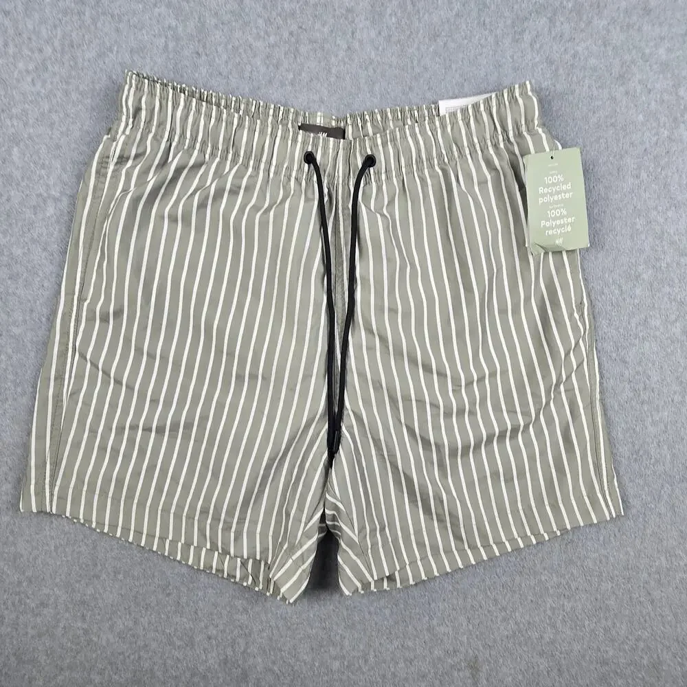 NWT H&M Mens Medium Striped Swim Shorts with Drawstring and Pockets